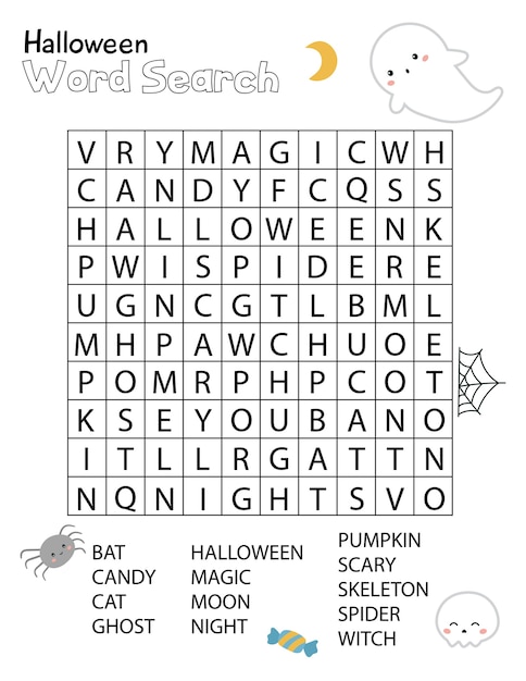 Halloween word search crossword puzzle for children. Educational activity worksheet.