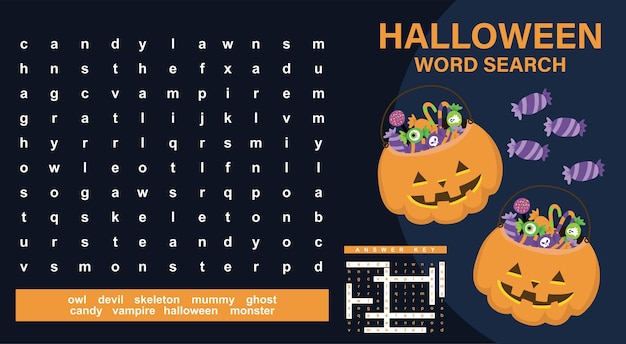 Halloween Word Search worksheet. Educational worksheet for preschool. Ready to print. Vector File.