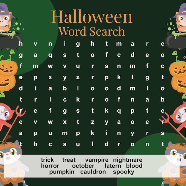 Halloween Word Search worksheet. Educational worksheet for preschool. Ready to print. Vector File.