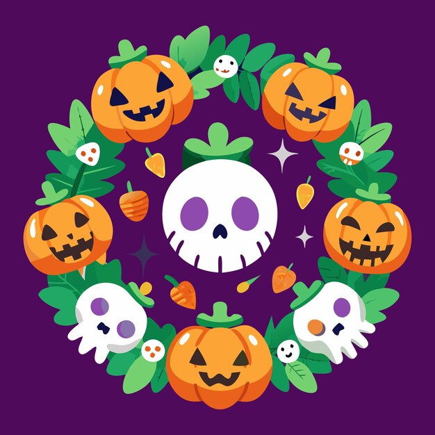 Vector halloween wreath with pumpkins and skull on purple background