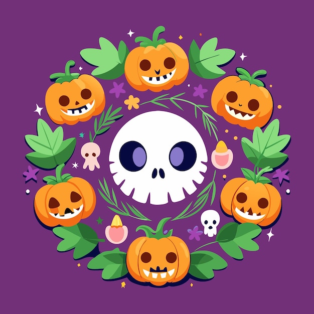 Vector halloween wreath with pumpkins and skull on purple background