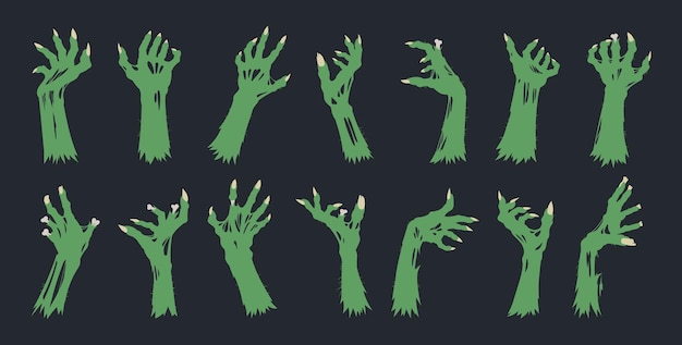 Halloween zombie arms Monsters bony green hands spooky living dead creepy scrawny hands flat vector illustration set Horror zombie hands