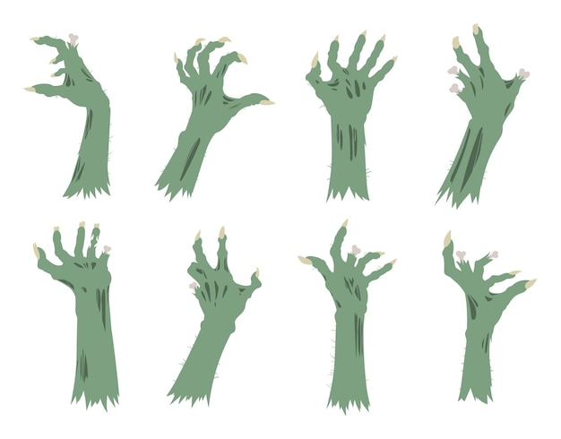 Halloween zombie arms Spooky monsters living dead creepy hands Horror halloween scary hands flat cartoon vector illustration set