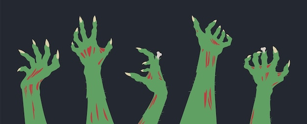 Halloween zombie hands flat vector illustration set Spooky living dead creepy hands