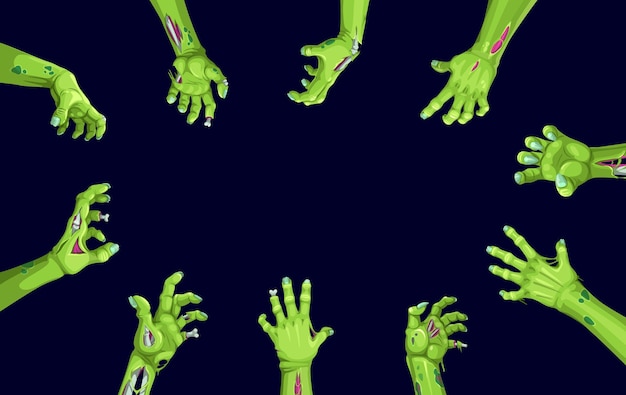 Vector halloween zombie hands vector frame of horror holiday cartoon evil monster arms reaching out with creepy green skin broken fingers and exposed bones halloween spooky zombie or undead hands border