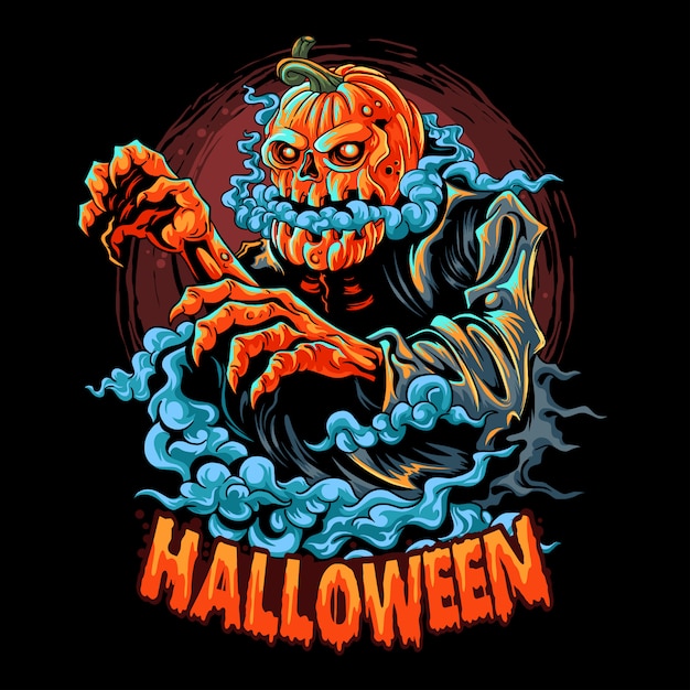 a halloween zombie with a pumpkin head filled with smoke coming out of its mouth. editable layers artwork