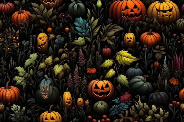 Halloweeninspired pumpkins seamless pattern tile on a black background