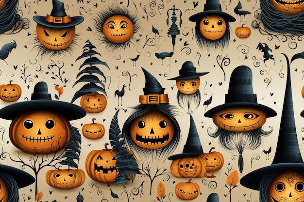 Halloweeninspired pumpkins seamless pattern tile on a black background