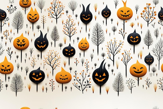 Halloweeninspired pumpkins seamless pattern tile on a black background