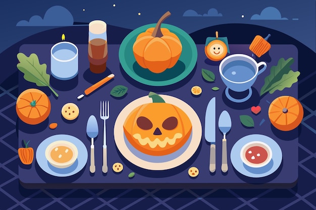 Vector halloweenthemed dinner table with a pumpkin centerpiece festive table setting with pumpkin dishes concept of halloween holiday dinner celebration and festive decoration