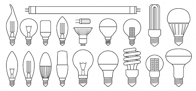 Halogen bulb in line style set icon.