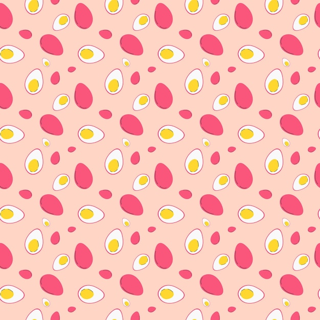 Halved pink boiled eggs seamless pattern Vector illustration on a white background