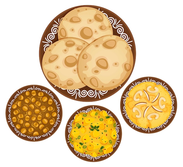 Halwa Puri Breakfast in Mud Plates Top View Illustration