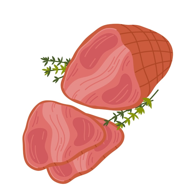 Ham Meat delicatessen on white background Slices of smoked juicy pink ham Simple flat style vector illustration