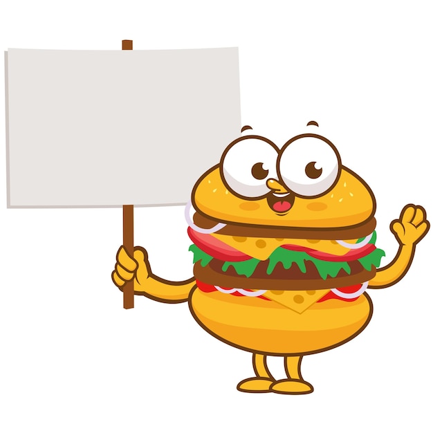 Vector hamburger character with a blank sign fast food burger character with placard vector illustration