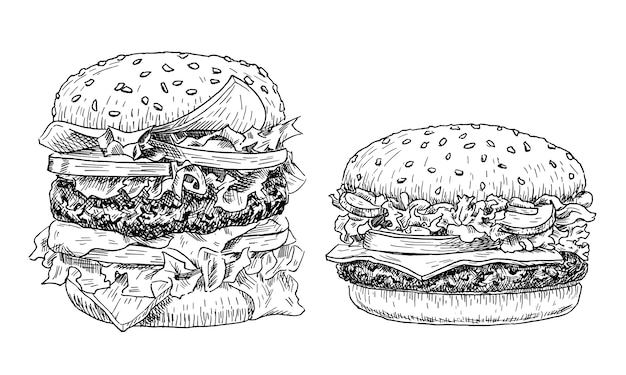 Hamburger and cheeseburger hand drawn .