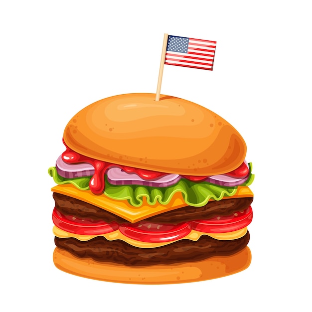 Hamburger or cheeseburger with American Flag skewers cartoon icon