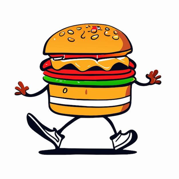 a hamburger illustration with funny smile and walking vector illustration cartoon