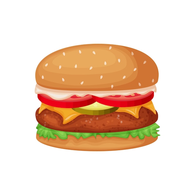 Hamburger A large hamburger with a cutlet tomatoes cucumbers and cheese Big Mac Fast food vector illustration isolated on a white background