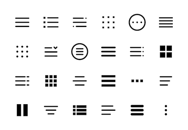 Hamburger menu icons web and mobile navigation buttons of app ui Isolated vector burger menu symbols of collapsed menu or navigation bar with three horizontal bars squares dots and ellipsis