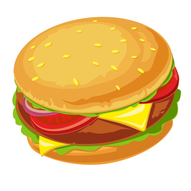 Hamburger with meat, lettuce, cheese, onion and tomato