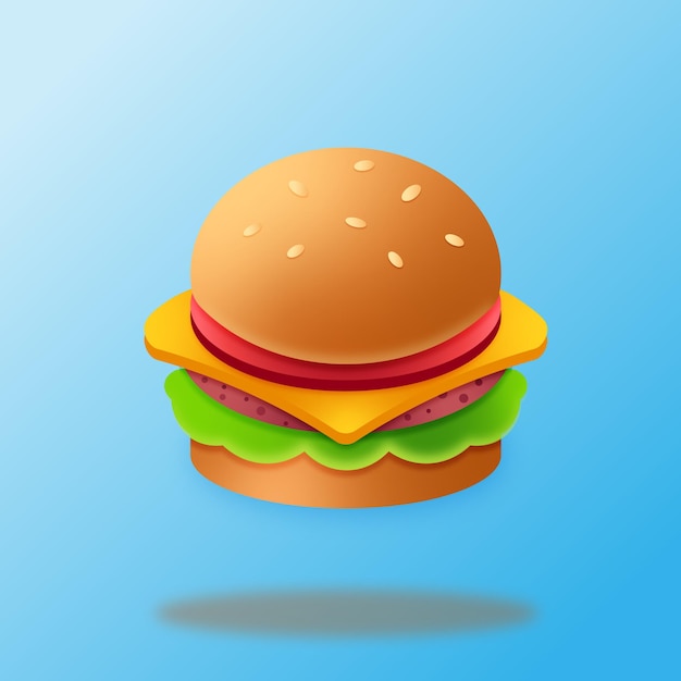 Hamburger with sesame seeds with shadows in closeup on a blue background, vector drawing