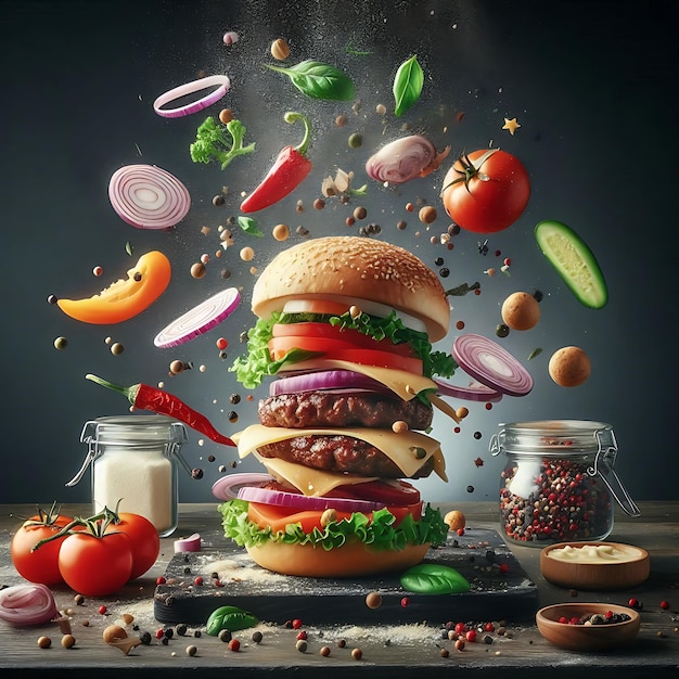 a hamburger with tomatoes tomatoes and other vegetables