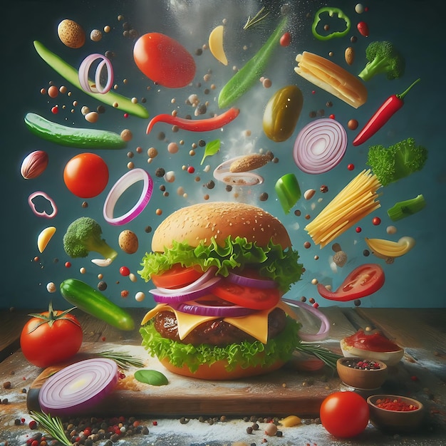 Vector a hamburger with vegetables and a picture of vegetables on it