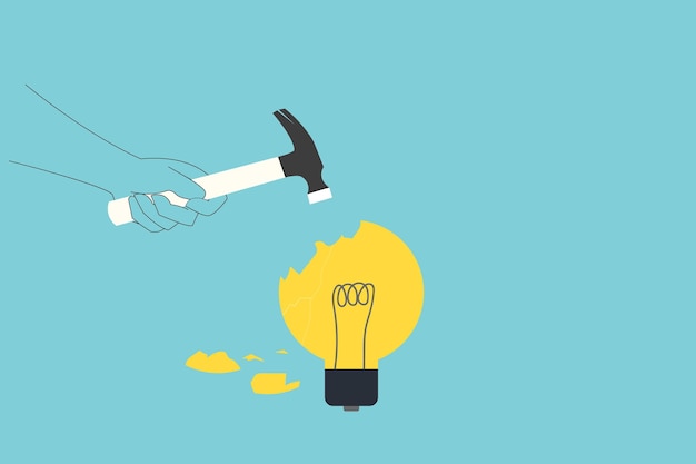 Hammer hits the lightbulb Symbol of creative idea brainstorming eps10 illustration