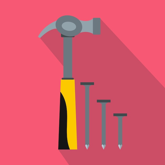 Hammer and nails icon in flat style on a pink background