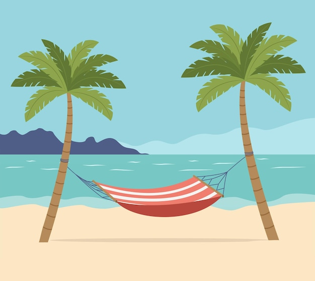 Hammock between palm trees Beach scene Vector flat illustration