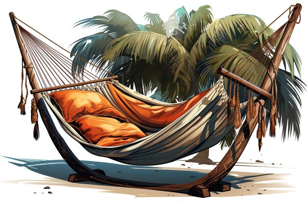 Vector hammock suspended between two palm trees on a white transparent background relaxation tranquility