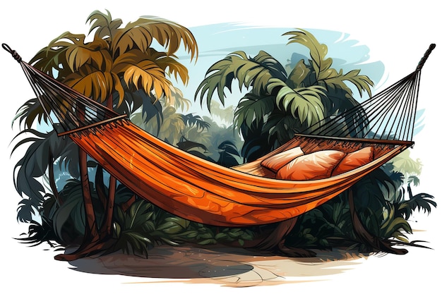 Vector hammock suspended between two palm trees on a white transparent background relaxation tranquility