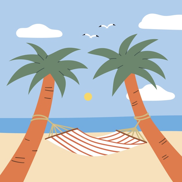 Hammock with palm trees on beach tropical background