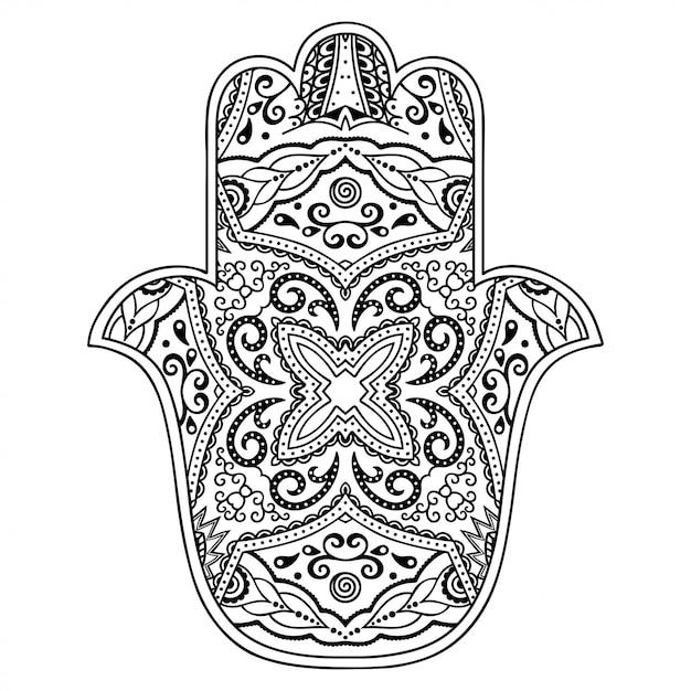 Hamsa hand drawn symbol with flower. The ancient sign of "Hand of Fatima".