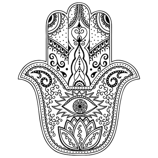 Hamsa hand drawn symbol with flower. The ancient sign of "Hand of Fatima".