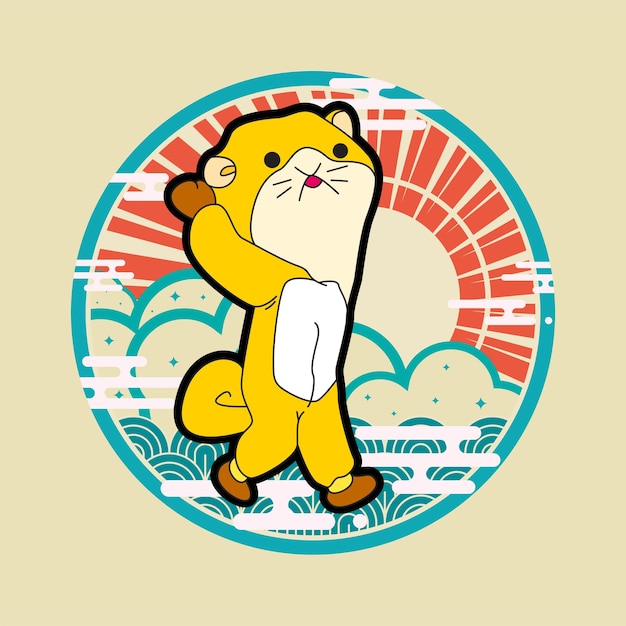 hamster illustration design with japanese style background and logo