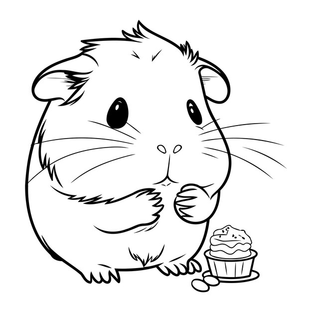 Vector hamster with cupcake black and white vector illustration for coloring book