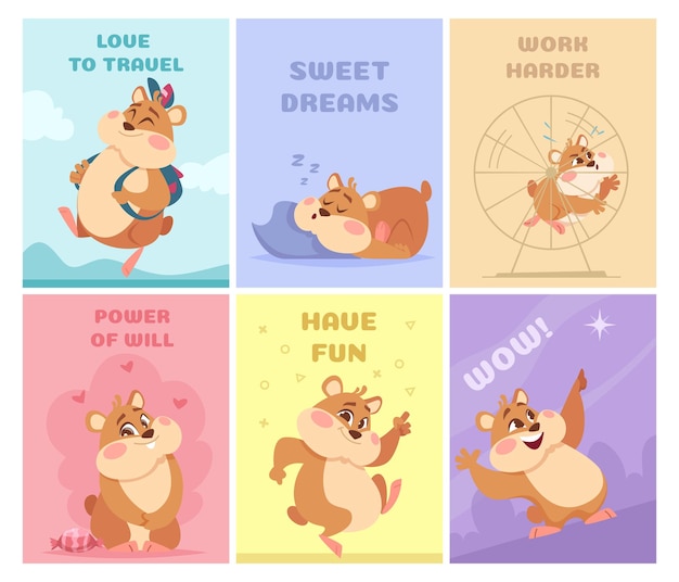 Vector hamsters cards posters design with chubby characters happy hamsters on gift cards exact vector template