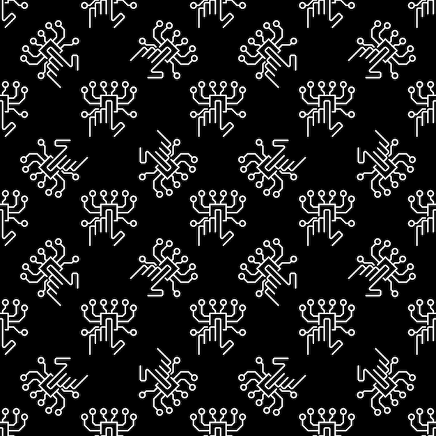 Hand and AI Chip vector Artificial Intelligence line dark seamless pattern