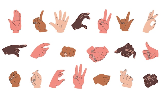 Vector hand arm fingers with different gesture position concept isolated set doodle line art style concept