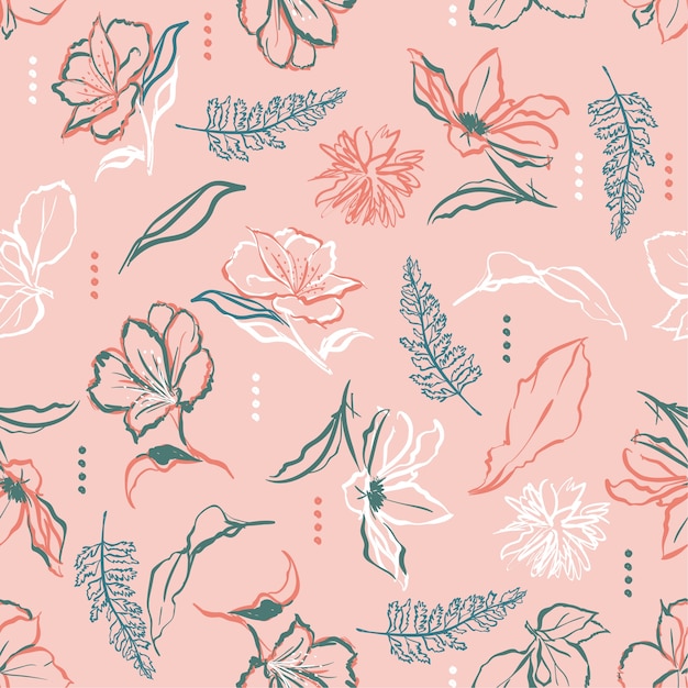 Hand brush strokes line of  flowers Vector seamless pattern 