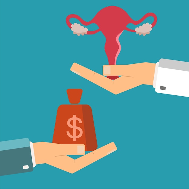 Hand of businessman with money and a female uterus in doctors hands Buying uterus