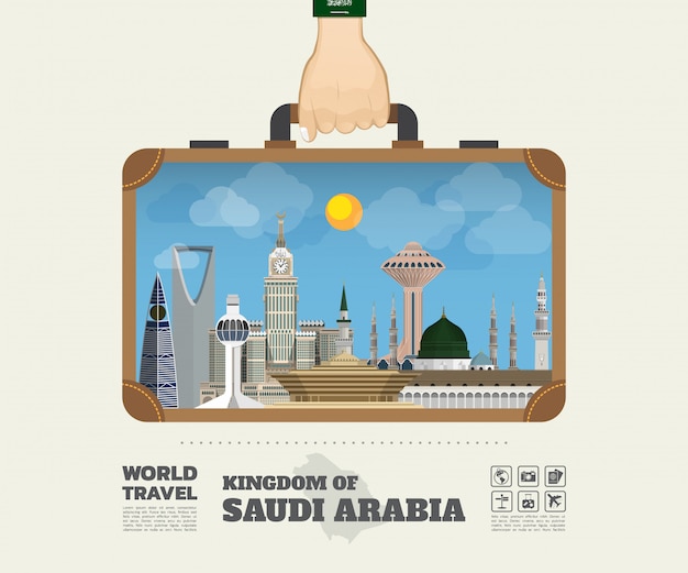 Vector hand carrying saudi arabia landmark global travel and journey infographic bag. 