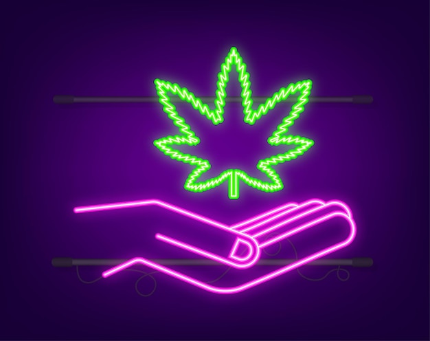 Vector hand cbd neon icon hand holding marijuana leaf medical treatment vector stock illustration