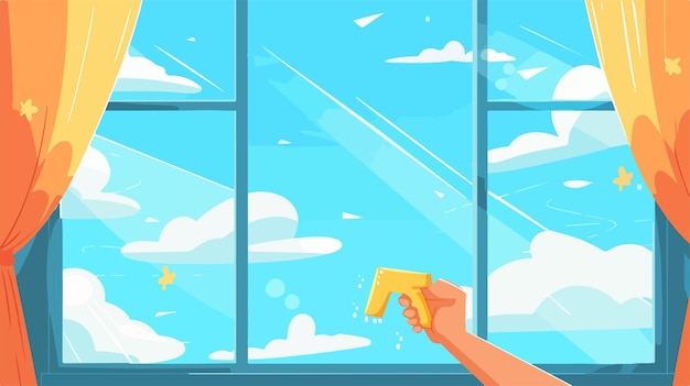 Vector hand cleaning window with blue sky and white clouds