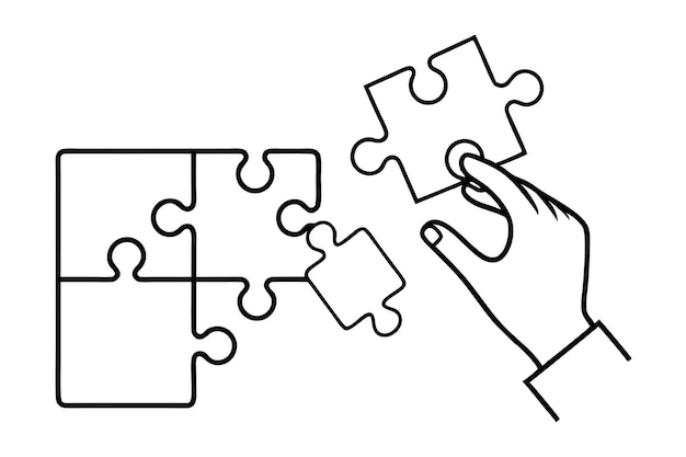 Vector hand completing a puzzle piece outline illustration