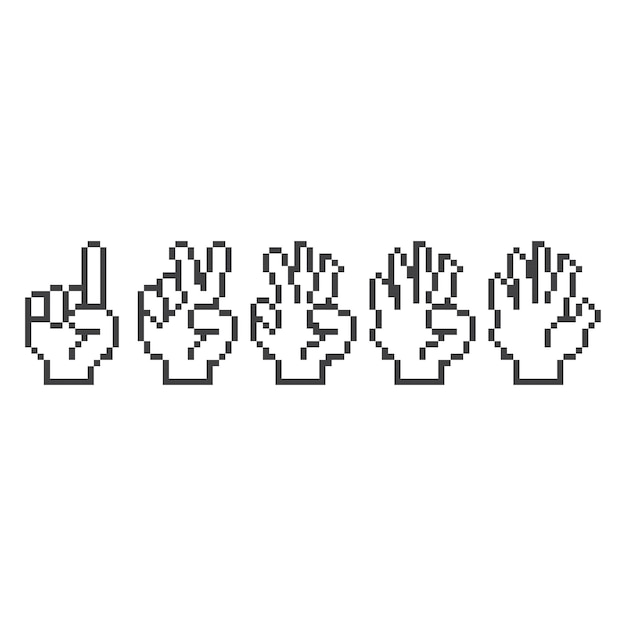 Hand count gesture hand one two three four five five Pixel art line vector icon illustration