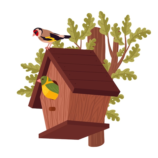 Hand crafted bird house Wooden bird house on oak tree cute cartoon birds nest with feeder flat vector illustration Nesting bird house on white