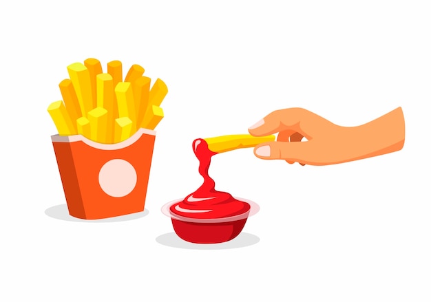 Hand dip french fries to tomato sauce. snack potato fast food menu symbol in cartoon illustration  